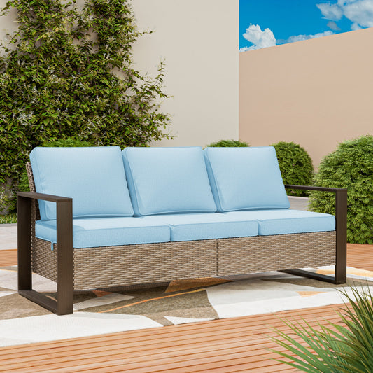 Gardenbee Rattan Outdoor Sofa with Blue Cushions and Steel Frame