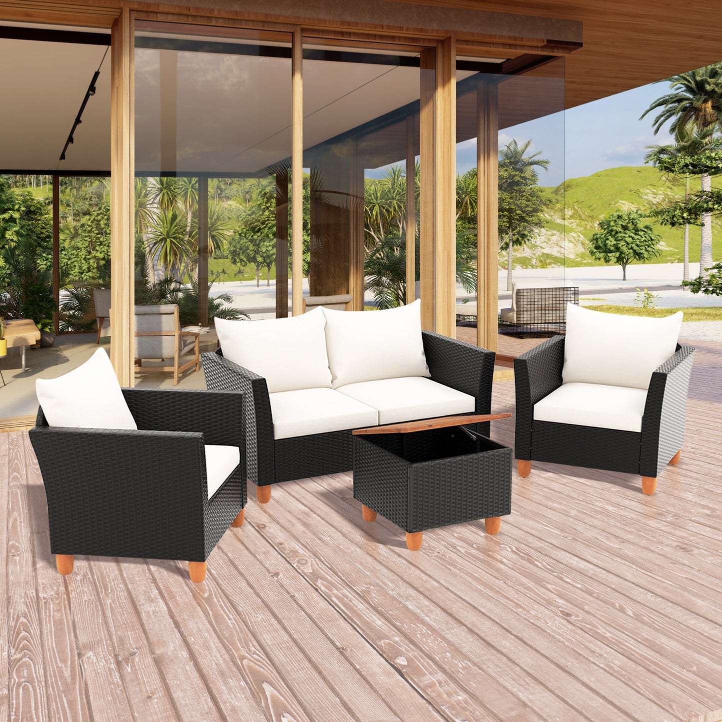 LIVIZA 4 -Piece Rattan Patio Conversation Set with Off-white Cushions