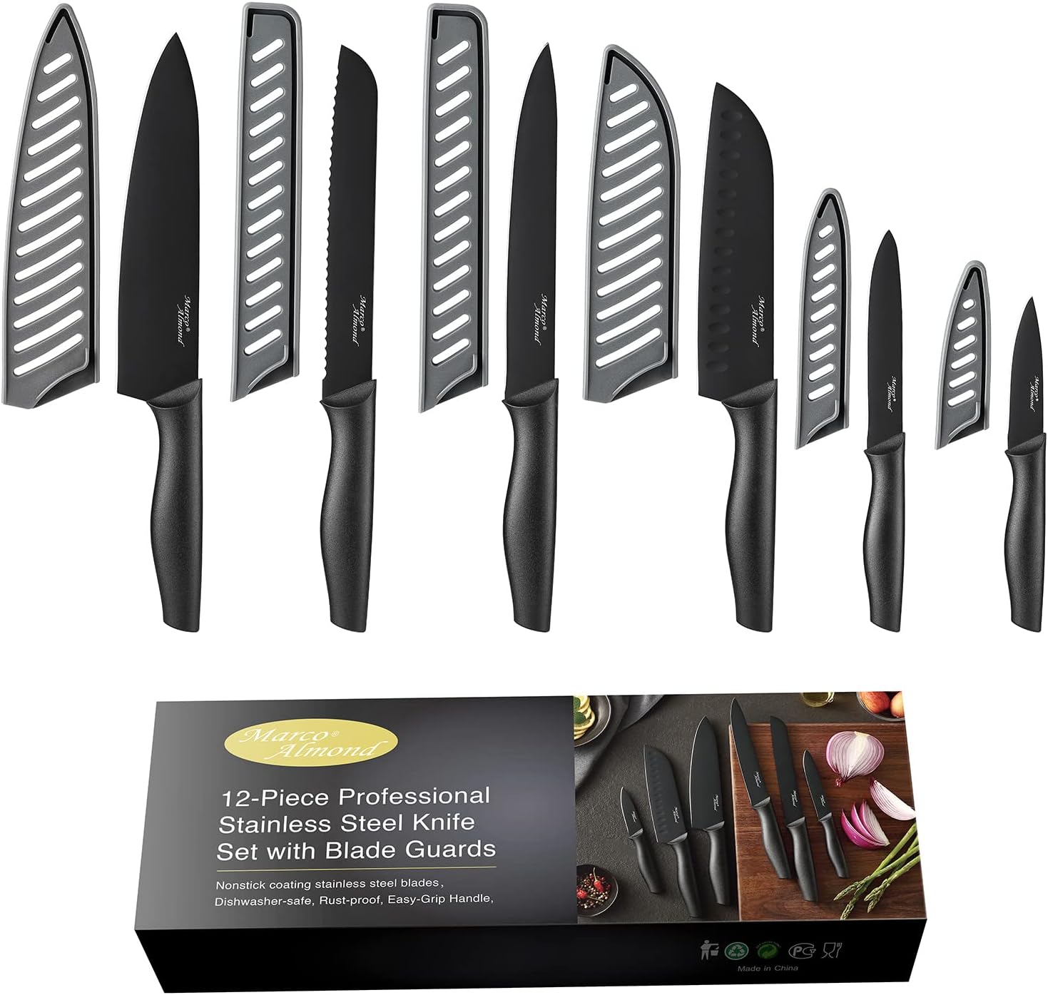 Kitchen Knife Set, KYA38 12-Piece Kitchen Knives Set with Covers, Marco Almond® 6 Knives with 6 Blade Guards, Stainless Steel Cooking Knives Set for Kitchen, Black