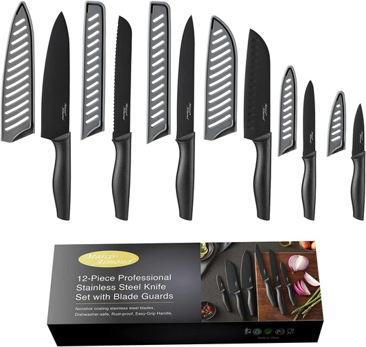 Kitchen Knife Set, KYA38 12-Piece Kitchen Knives Set with Covers, Marco Almond® 6 Knives with 6 Blade Guards, Stainless Steel Cooking Knives Set for Kitchen, Black