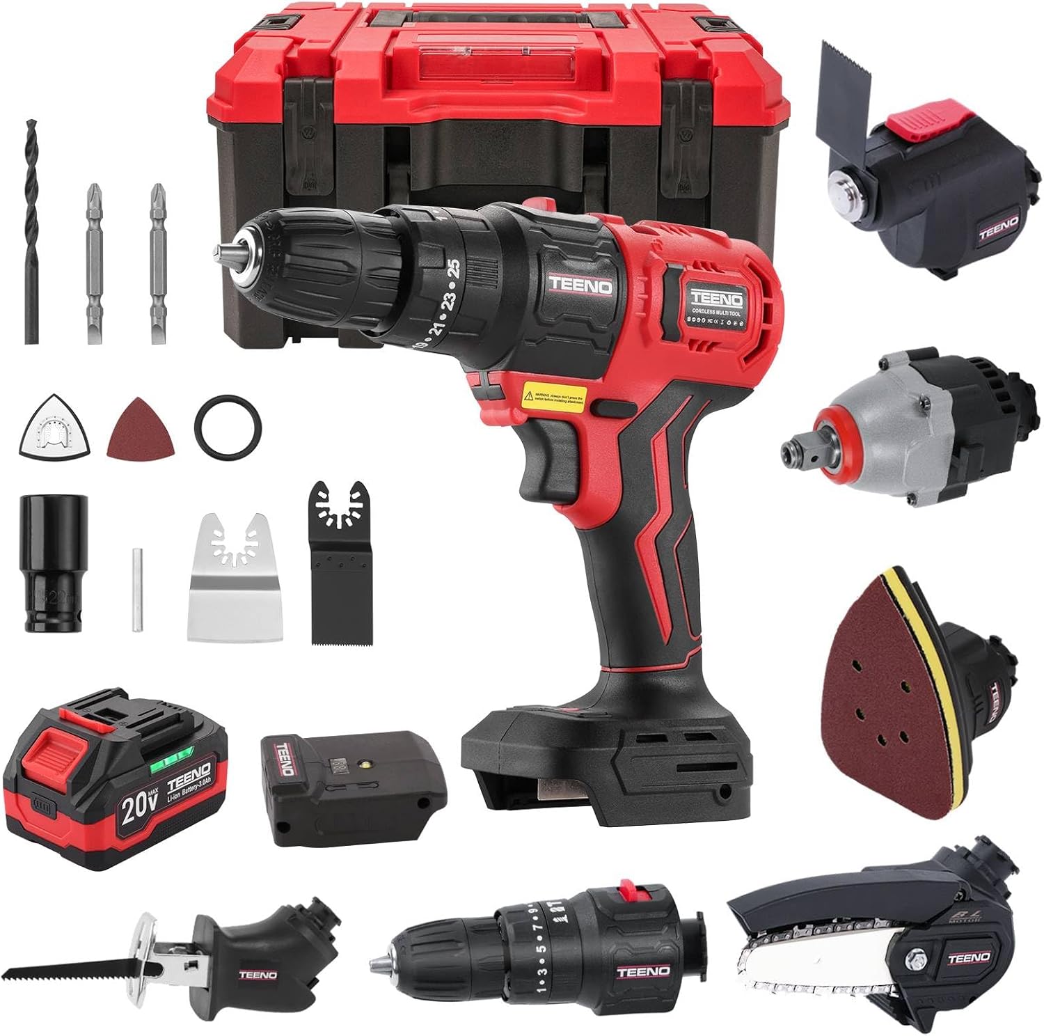 Cordless Combo Kit 20V, 8-in-1 Cordless Multi-tool with Case, Drill, Recip saw, Chain Saw, Impact wrench, Oscillating Tool, Sander with Accessories, 3.0Ah Lionthium Battery and Charger