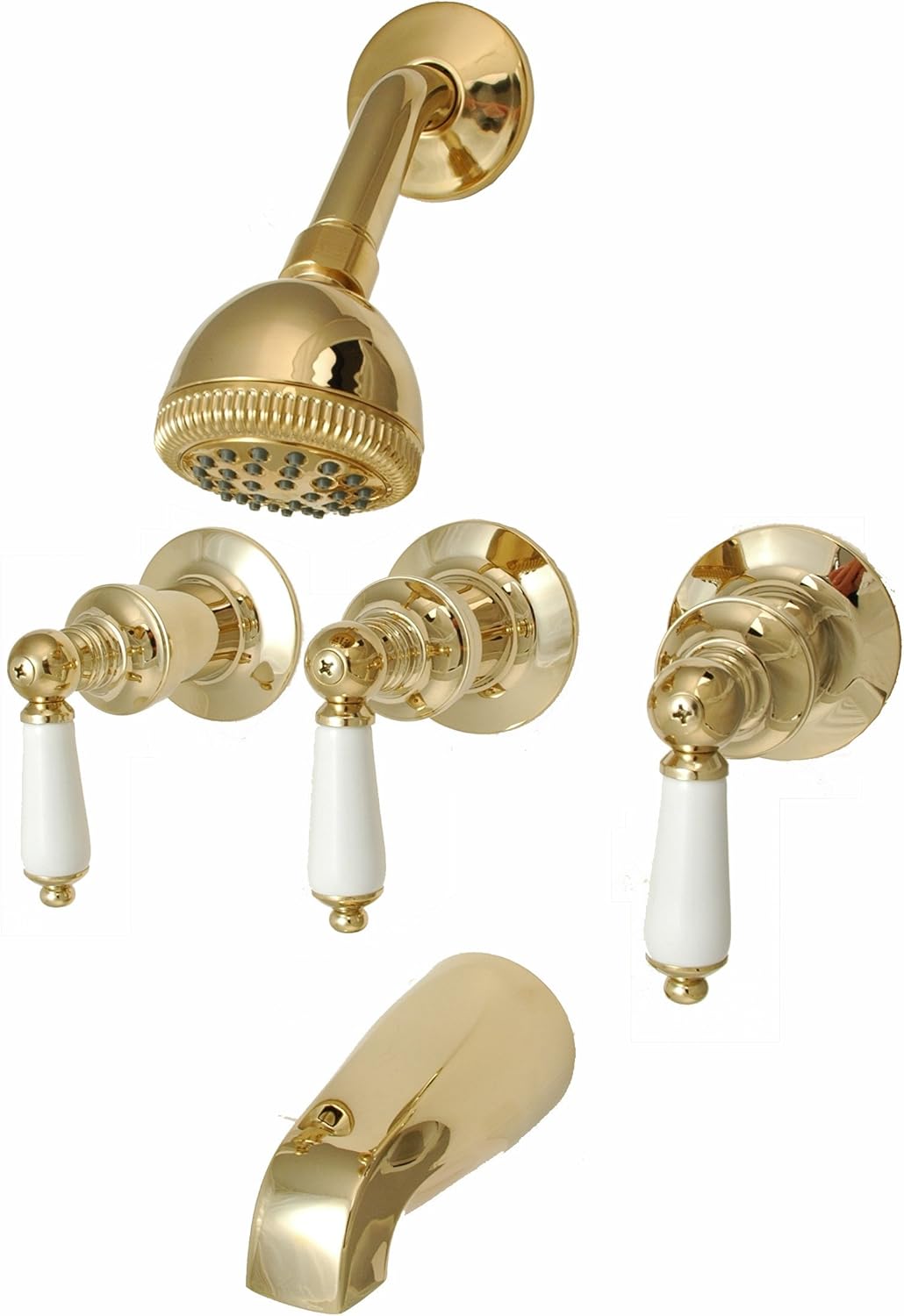 Trim Kit for 3-handle Shower Valve Porcelain Lever Handle, Fit Price Pfister Compression Stem Shower, By PlumbUSA Polish Brass Finish