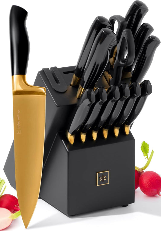Black and Gold Knife Set with Block and Sharpener \u2013 14-Piece Full Tang Golden Knives with Self-Sharpening Knife Block \u2013 Gold Kitchen Accessories for Cooking and Prepping; Ideal for Gifting
