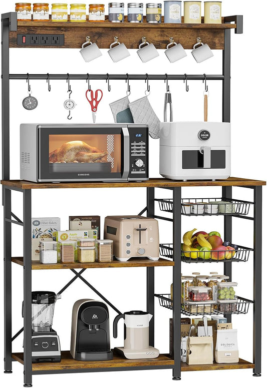 Kalrin Large Bakers Rack with Power Outlets 38.8 Inches, 15 Hooks Coffee Bar with 3 Wire Basket, Microwave Stand Kitchen Storage Shelf for Spices, Cups, Pots, 38.8 x 16.3 x 62.2 in, Rustic Brown
