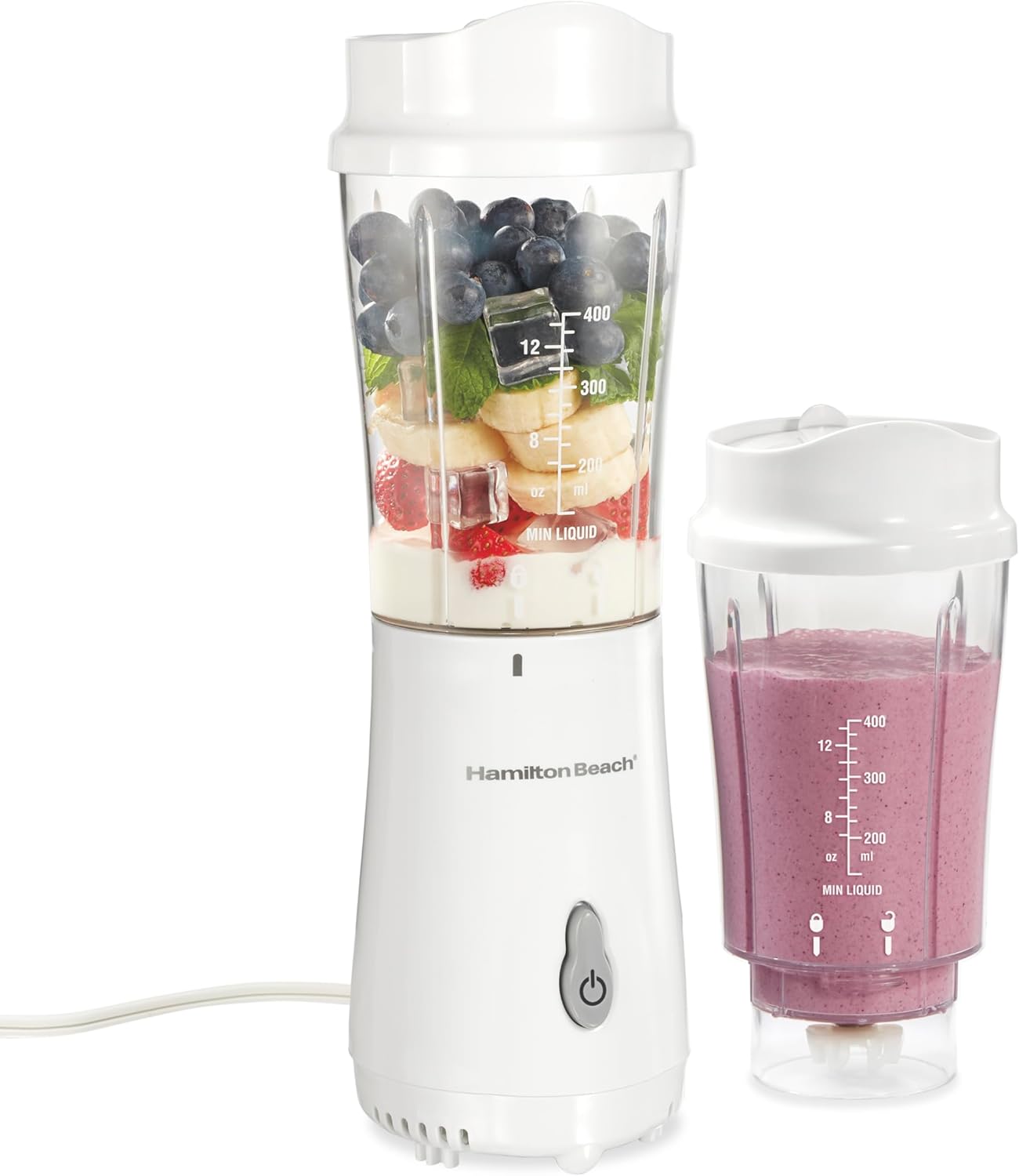 Hamilton Beach Portable Blender for Shakes and Smoothies, 14 Oz BPA Free Travel Cup & Lid, Durable Stainless Steel Blades, Personal Smoothie Blender, 2 Jars - White (51102V)