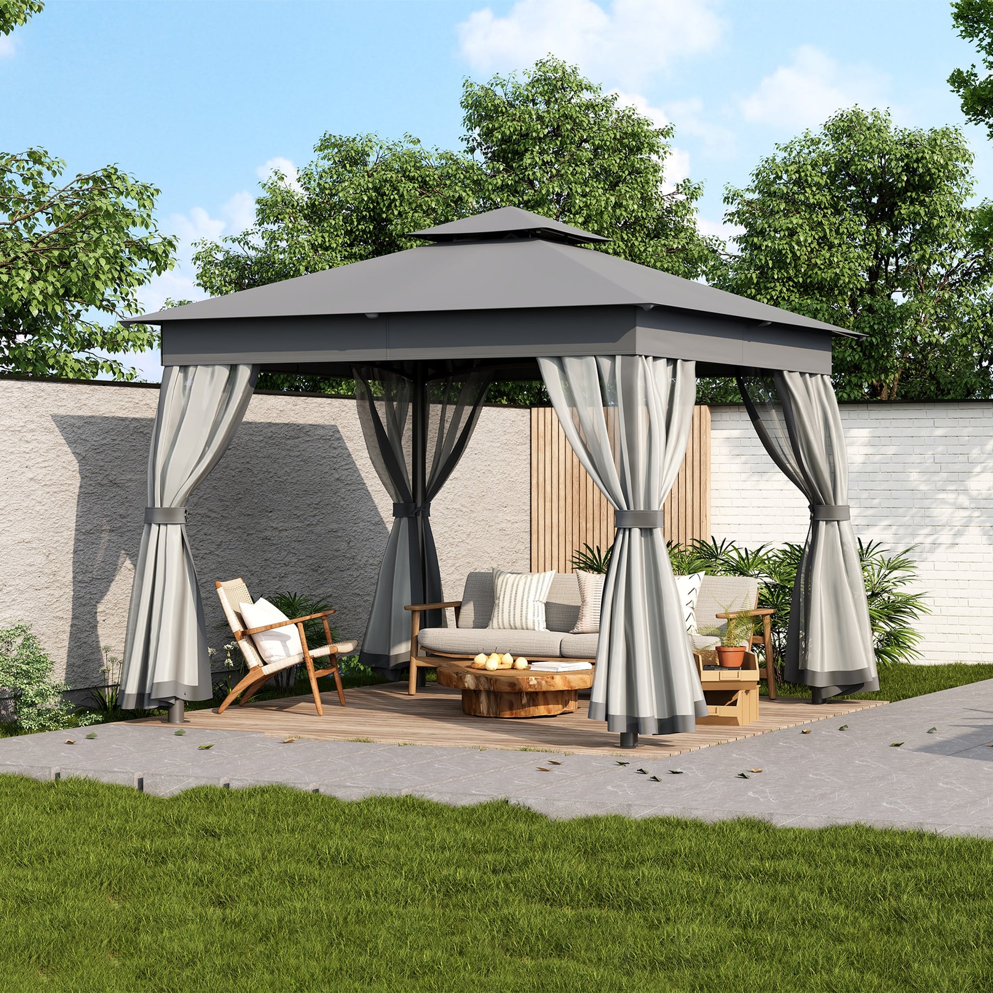 ModernLuxe 8.9-ft x 8.9-ft 10x10 Outdoor Gazebo Tent with Double Roofs Grey Gazebo with Soft Top Roof (Screen Included)