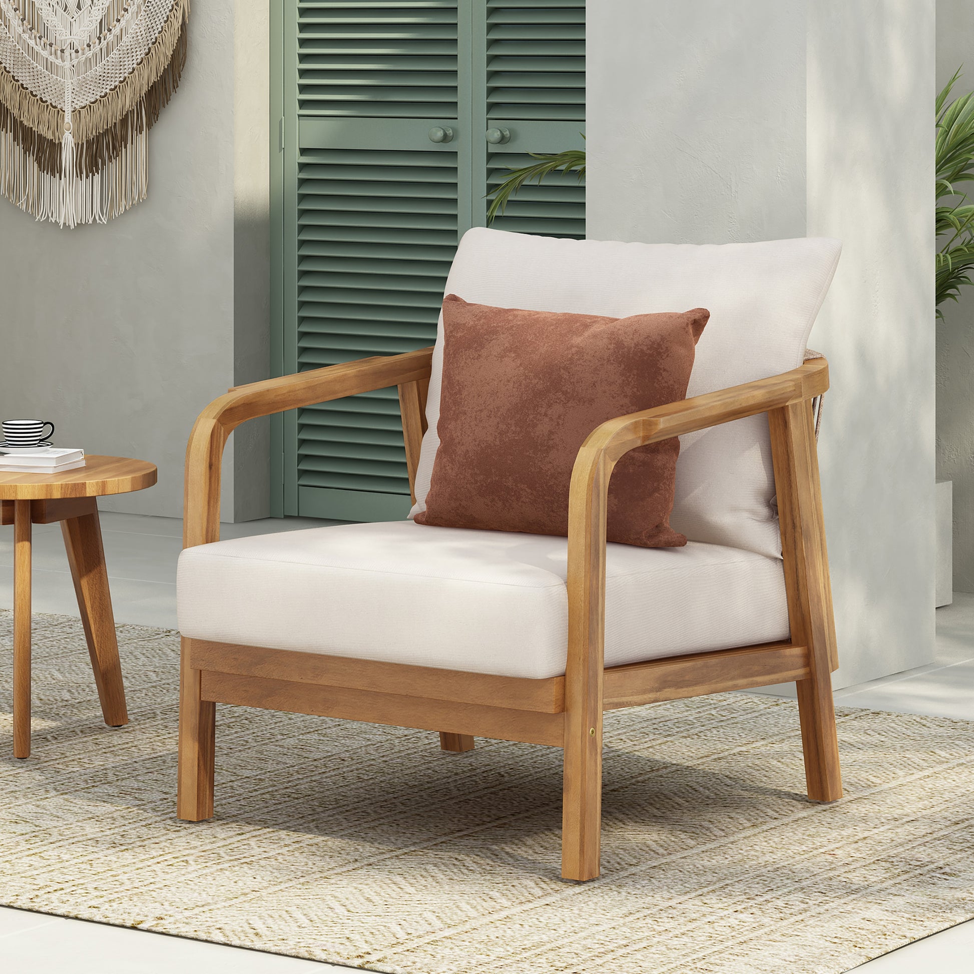 Hrinhom Woven TEAK Wood Frame Stationary Chaise Lounge Chair with Beige Cushioned Seat