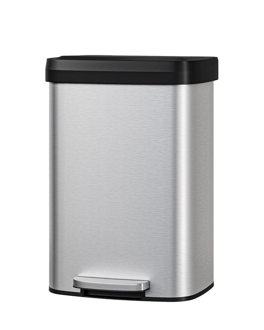 Garvee 13 Gallon \/ 50 Liter Stainless Steel Trash Can with Lid, Large Garbage Can for Kitchen, Rustproof Step-on Kitchen Metal Trash Bin with Liner Rim, Rear Handle, Soft Close Plastic Lid, Silver