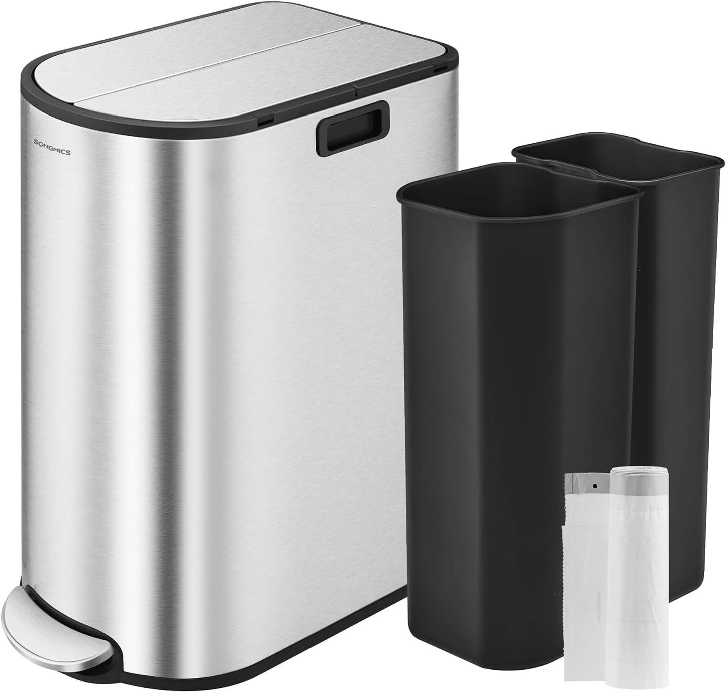 SONGMICS 13-Gallon Dual Kitchen Trash Can, 5.3 and 8 Gallon Compartments, Garbage Can with Wing Lids, Stainless Steel, Soft Close, Inner Buckets, Metallic Silver ULTB570E50