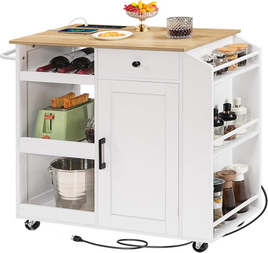 MAHANCRIS Kitchen Island with Power Outlet, Kitchen Storage Island with Drawer, Rolling Kitchen Cart on Wheels, Spice Rack, Towel Rack, Wine Rack, for Dining Room, White and Natural KINW122E01N1