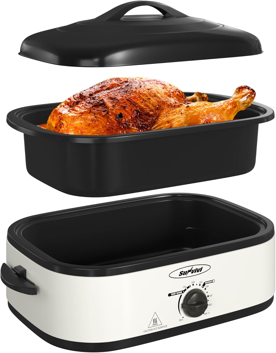 Sunvivi Electric Roaster Oven with Self-Basting Lid, 14-Quart Turkey Roaster Oven with Removable Pan and Rack, Stainless Steel, White