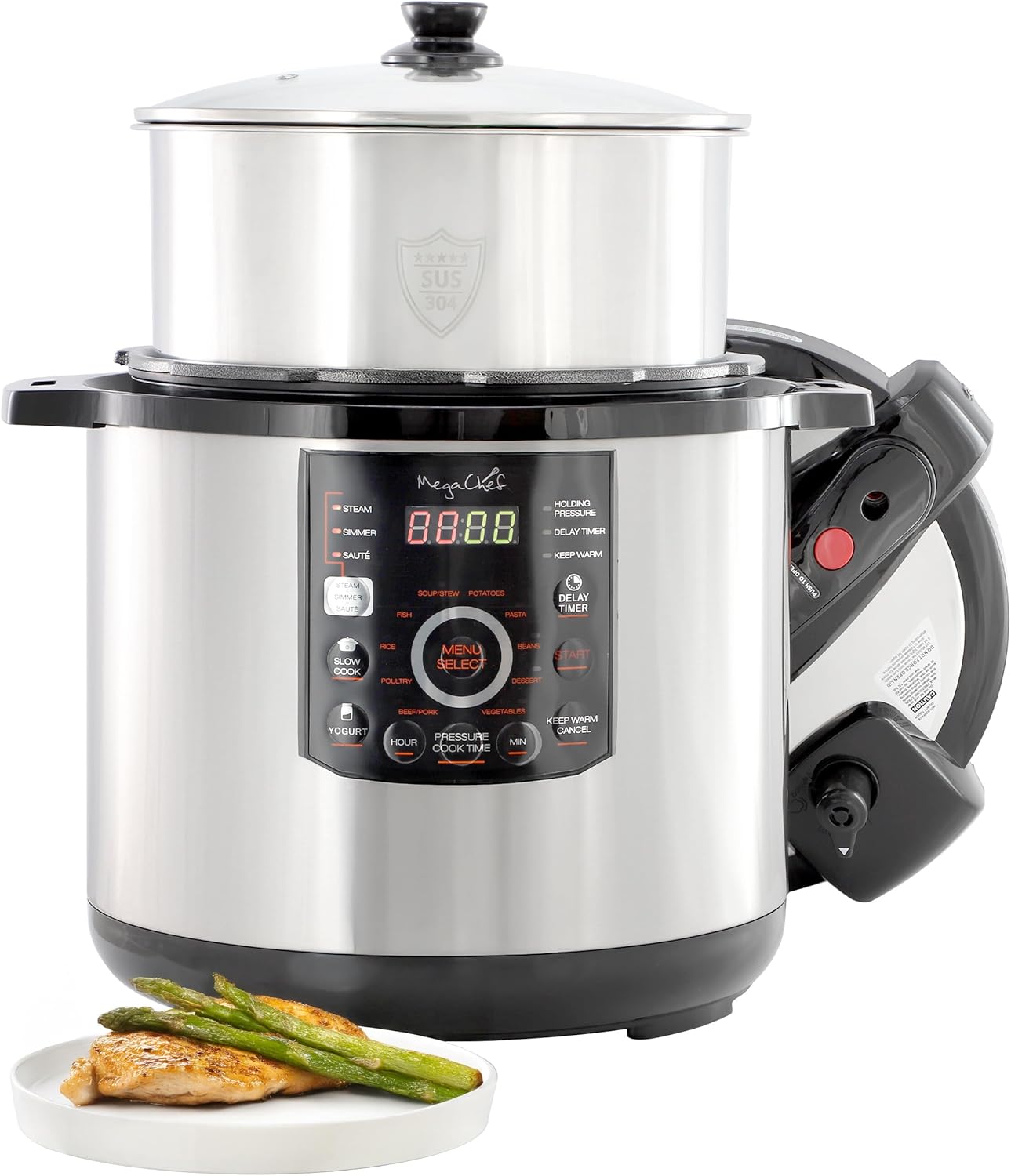 MegaChef 12 Quart Electric Digital Pressure Cooker, Multi-Cooker with 15 Preset Cooking Functions, Stainless Steel Cooking Pot and Glass Lid