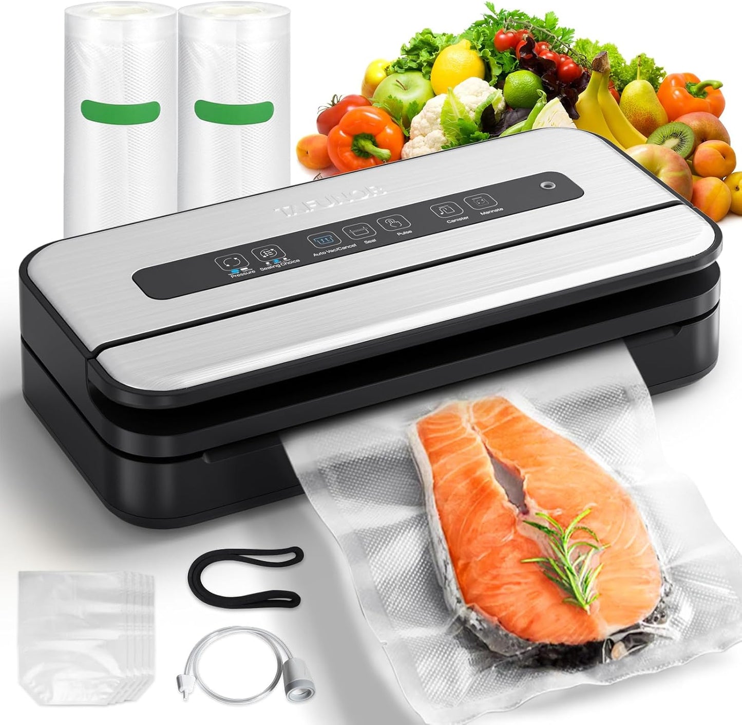Upgraded Vacuum Sealer for Food, 90kpa 14 in 1 Food Sealer Vacuum Sealer Machine, Easy Lock Handle\/Sous Vide Friendly, Liquid\/Dry\/Moist Food Saver Storage Vacuum Sealers with 2 Roll Bags (25 Pro)