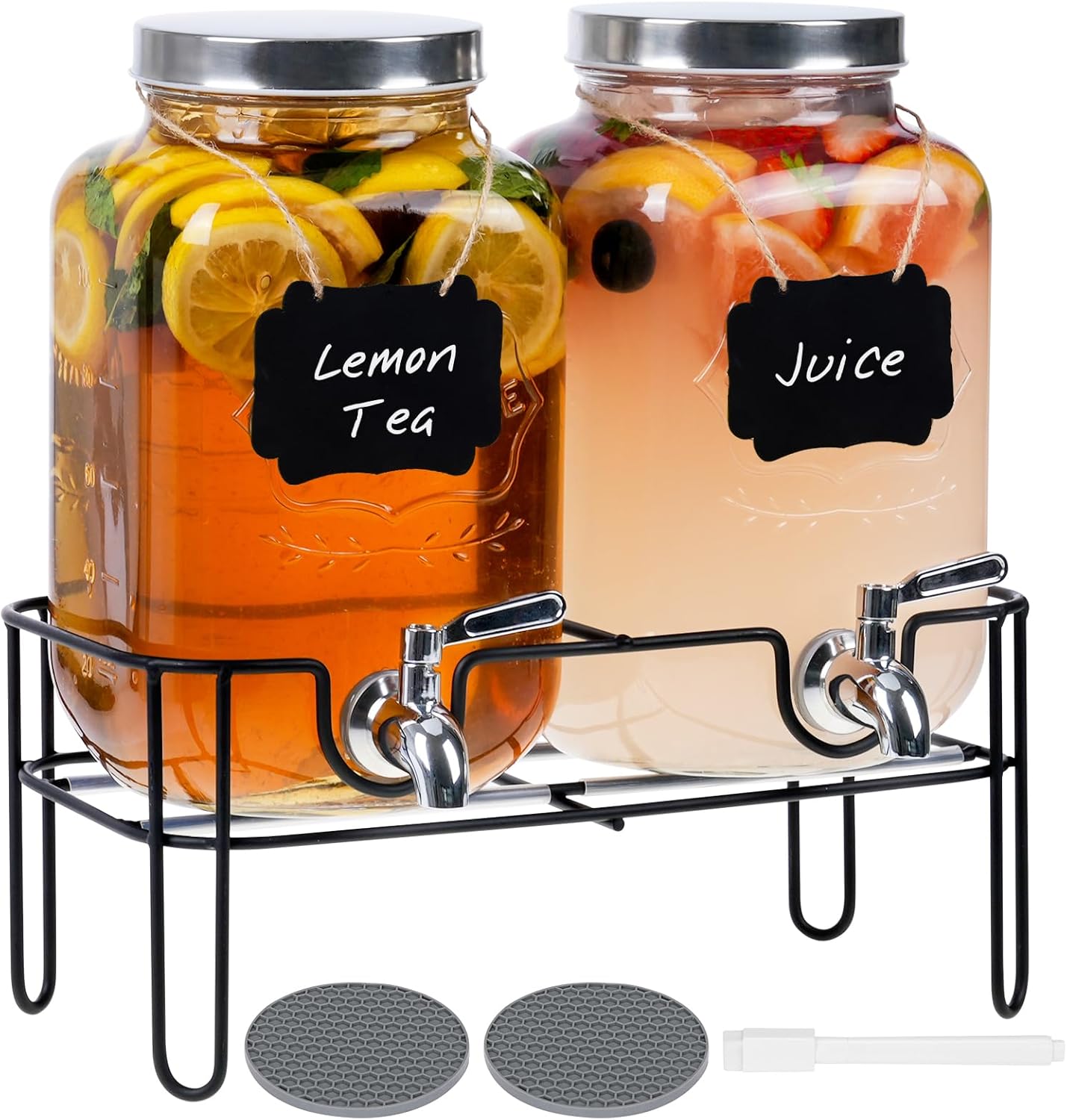 Moretoes Glass Drinks Dispenser for Parties, 2 PACK 1 Gallon Beverage Dispenser with Stand for Juice and Iced Tea, Water Jug Dispenser for Lemonade, Party Essential Beverage Pitcher with Spout