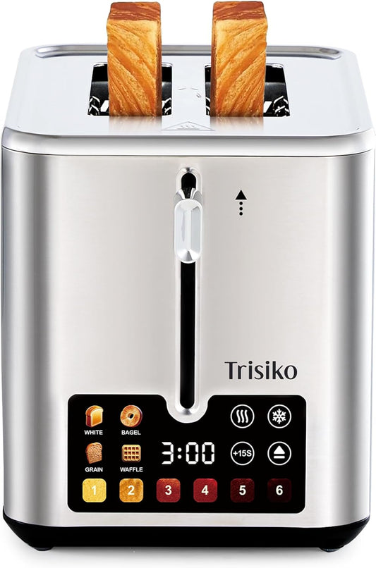 Trisiko® Touch Screen Toaster 2 Slice, Stainless Steel Smart Toaster with Digital Timer, 1.38" Extra-Wide Slots for Bread& Bagel,with Reheat, Defrost, Cancel, +15s Boost, Great for Home, Office, Dorm