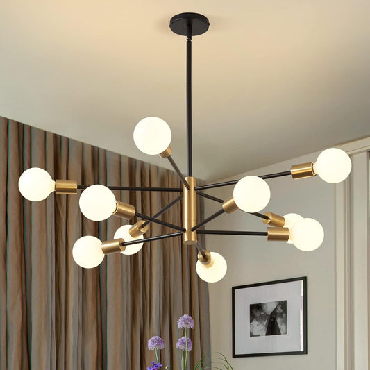 KAISITE Modern Chandelier Dining Room Light Fixture Over Table 10-Light Sputnik Chandelier Ceiling Light Fixture Height Adjustable Black and Gold Mid Century Pendant Lighting for Kitchen Living Room