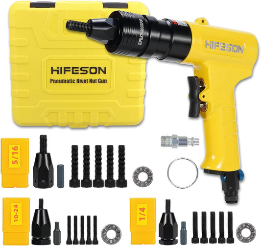 HIFESON Pneumatic Rivnut Gun with 10-24 & 10-32 & 8-32 Self-Locking Head Gun,Quick-Change Mandrels,Industrial Grade Adjustable Speed Pneumatic Thread Insert Tool