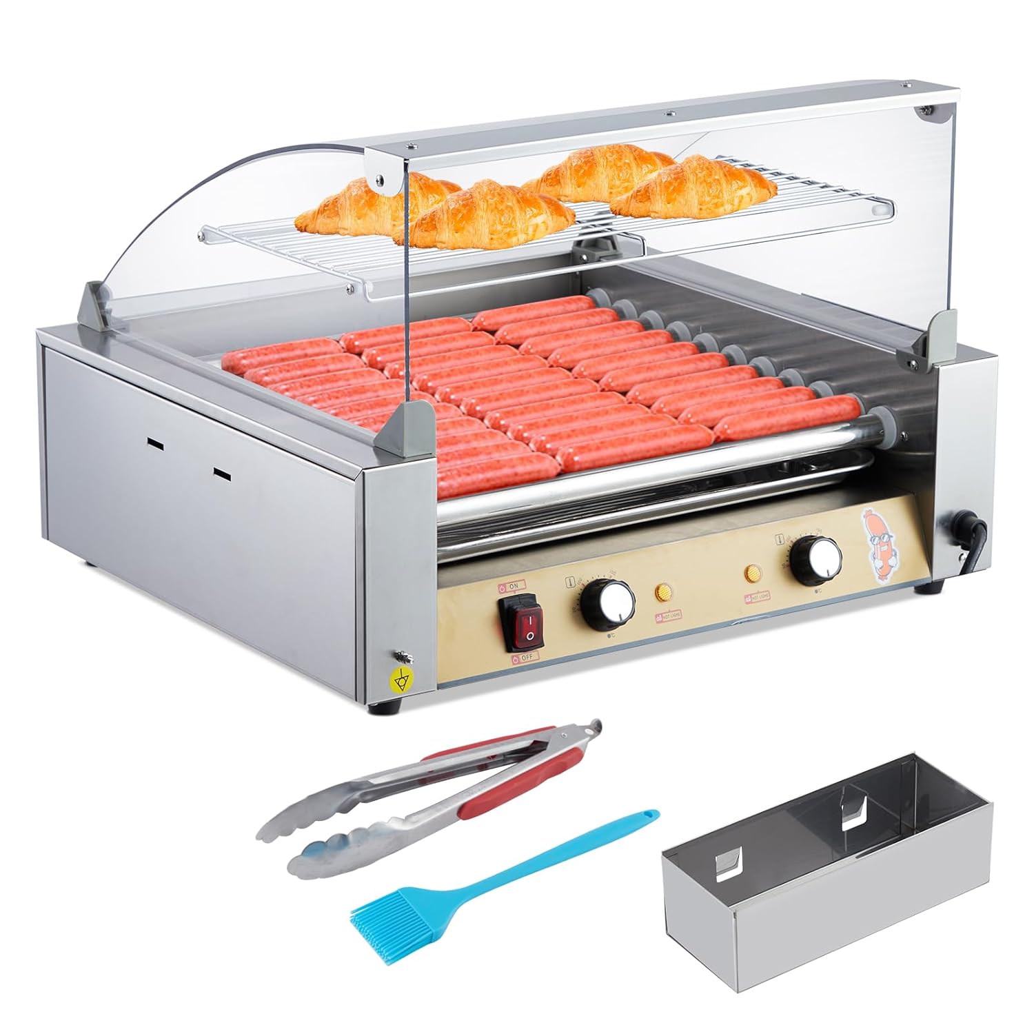 Hot Dog Roller - Sausage Grill Cooker Machine, Stainless Steel Hotdog Roller Grill and Bun Warmer With Glass Cover & Removable Drip Tray, Dual Temp Control, for Commercial Household (11 Roller 1650W)