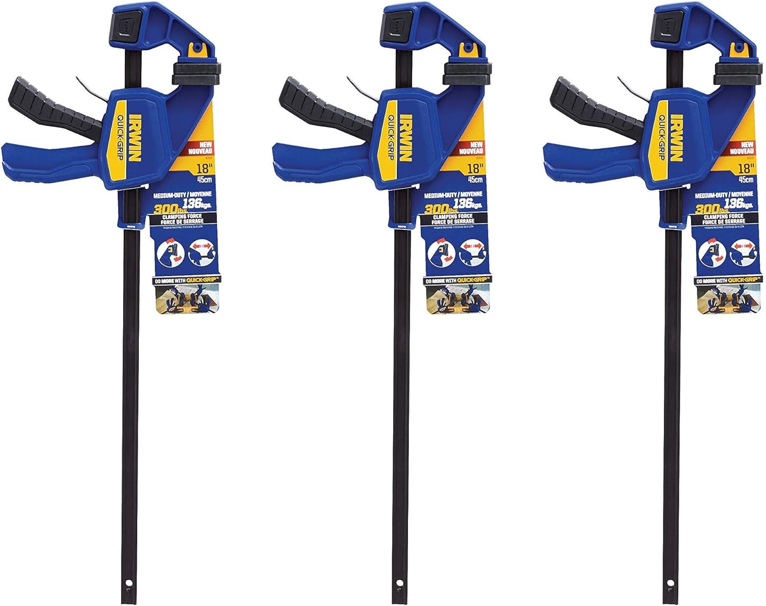 IRWIN QUICK-GRIP One-Handed Bar Clamp, Medium-Duty, 18", 3 Pack, 1964719