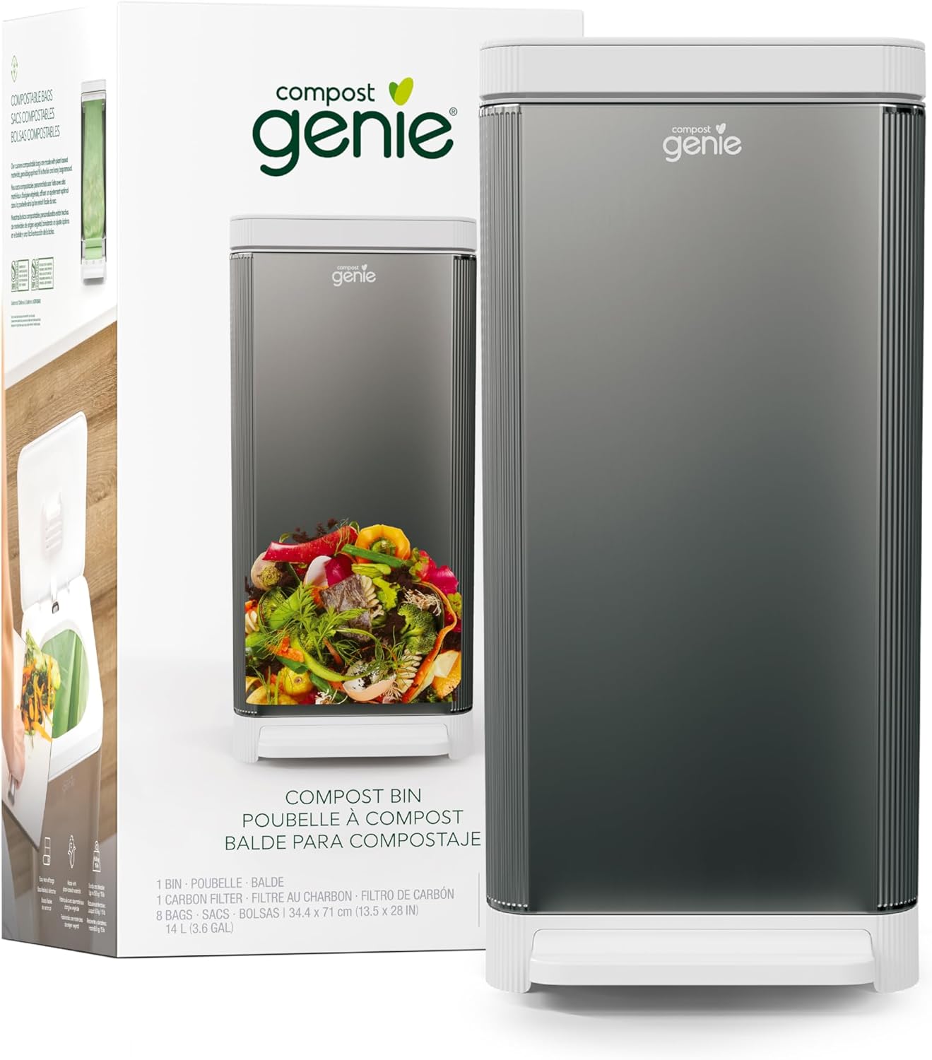 Kitchen Compost Bin, Silver Stainless-Steel Large, 3.6 Gallon, Indoor Odorless Composting, Hands-Free, Washable Parts, Includes 8 Tear-Off Compostable Bags and 1 Carbon Filter