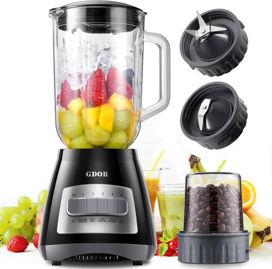 GDOR Blenders for Smoothies, 52 Oz Glass Jar Smoothie Blender, Countertop Blender & Grinder Combo, 9 Functions with 5 speeds for Shakes, Puree, Crush Ice, and Chop, Max 700W
