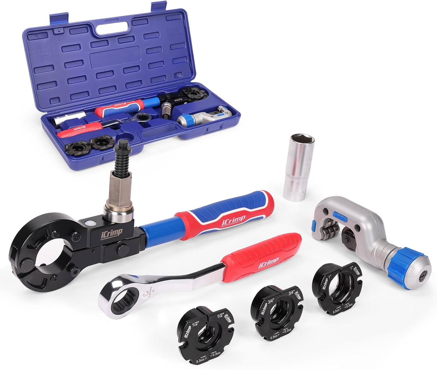 iCrimp Copper Crimping Tool with Cutter, Propress Tool for 1/2" 3/4" 1" Copper Pipes, Adapts to Manual Wrench & Electric Socket for Tight Spaces