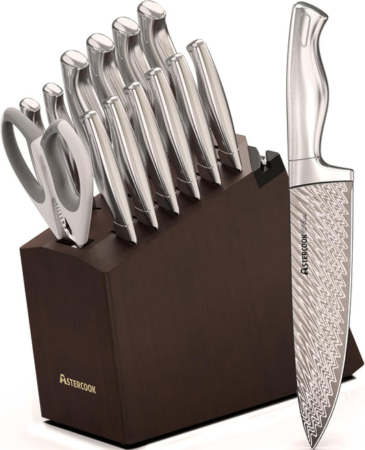 Knife Set, Astercook 15 Pcs Knife Sets for Kitchen with Block, Dishwasher Safe Kitchen Knife Set with Built-in Sharpener, German Stainless Steel Knife Block Set, Deba Knife for Fish Ergonomic Handle