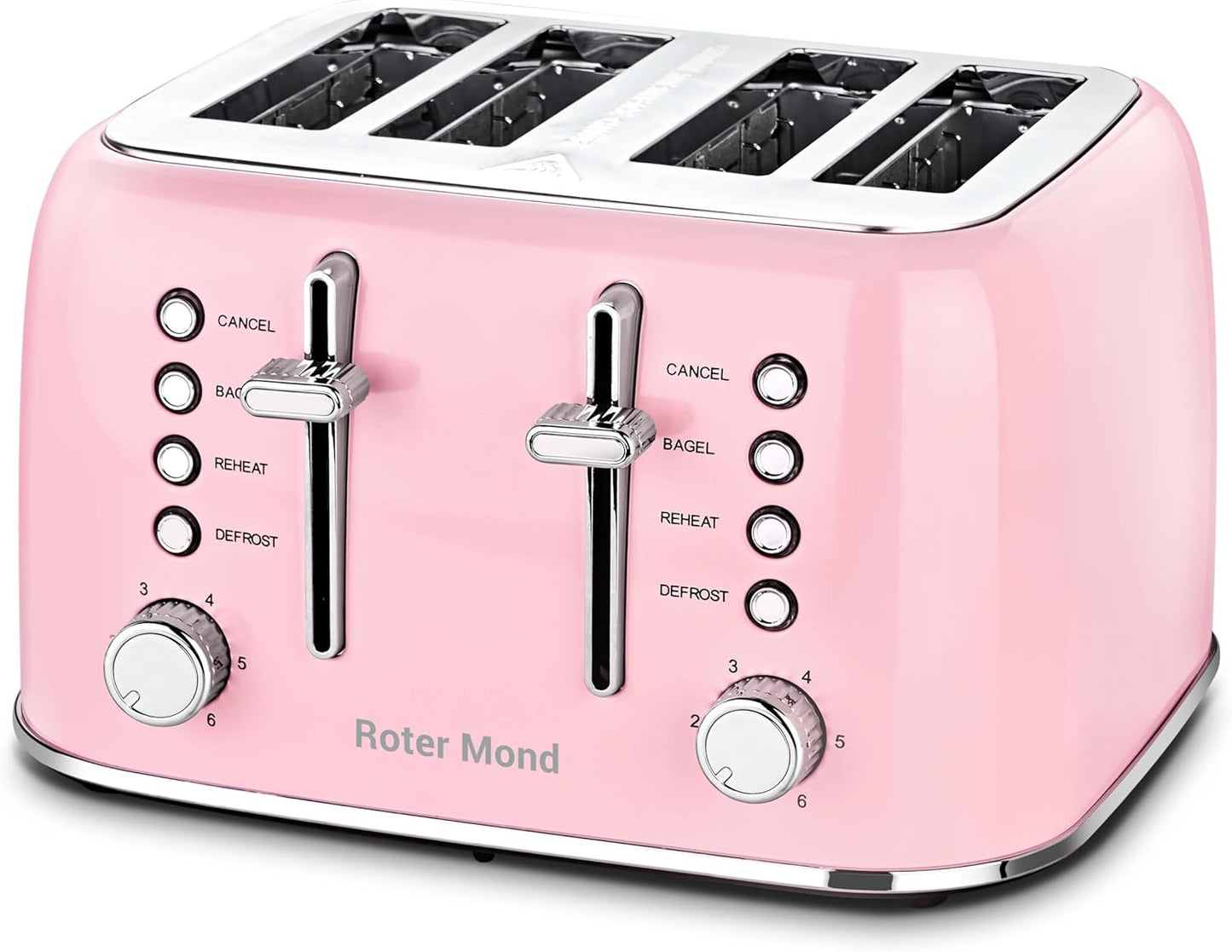 Roter Mond Toaster 4 Slice Retro Stainless Steel with Extra Wide Slots Bagel, Defrost, Reheat Function, Dual Independent Control Panel, Removable Crumb Tray, 6 Browning Levels, Pink