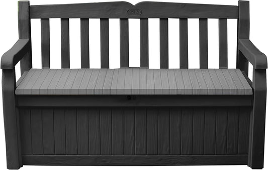 Keter Solana 70 Gallon Storage Bench Deck Box for Patio Storage, Front Porch Decor and Outdoor Seating \u2013 Perfect to Store Garden Tools and Pool Floats, Graphite