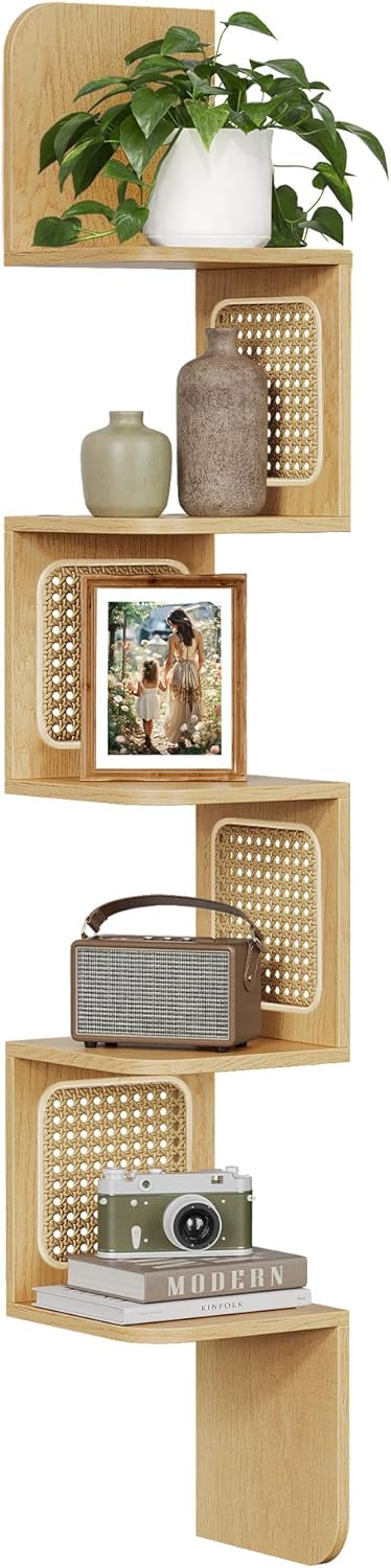 VASAGLE 5-Tier Corner Shelf, Wall Mounted Floating Shelf, Zigzag Corner Shelf Unit, PVC Rattan Sides, Space-Saving, for Kitchen, Living Room, Bedroom, Boho Style, Oak Beige ULLS582Y57