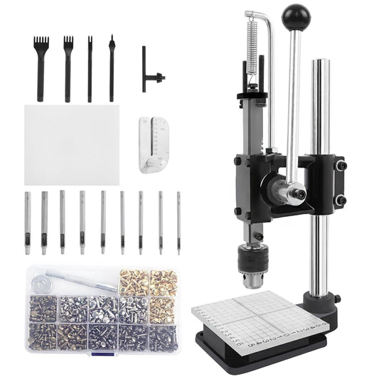 Leather Press Machine,Hole Puncher for DIY Leather Craft,Manual Press Punch Tools,with 9 Round Punches (1.5-6mm), 4 Stitching Prongs, 480 Rivets | Stainless Steel Pillar | Punch Puller