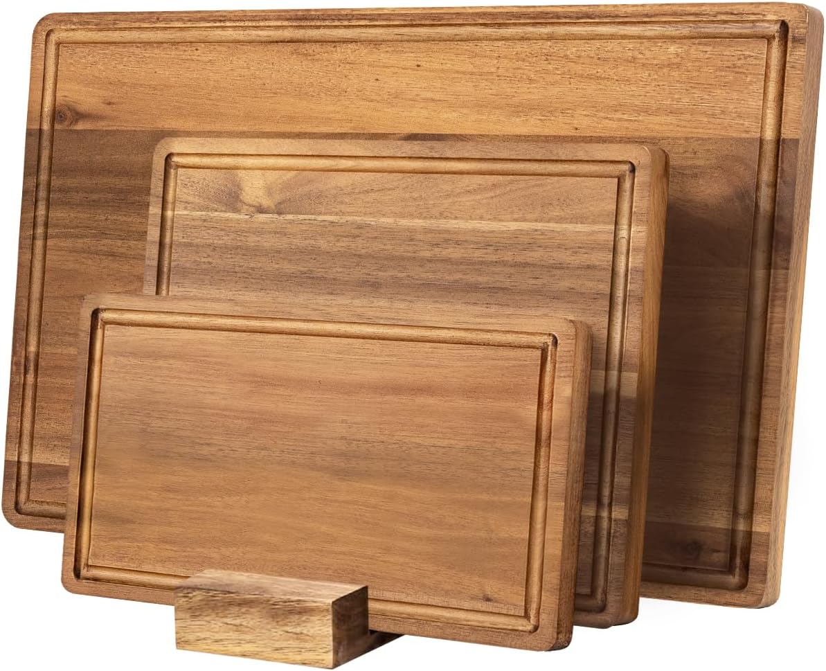 KOLWOVEN Wood Cutting Boards for Kitchen - Set of 3, Wooden Cutting Board Set with Holder for Chopping Meat, Cheese, Fruits, Vegetables, Knife Friendly Serving Tray