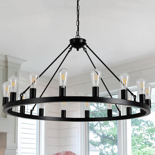 JTYP 40" Black Wagon Wheel Chandelier,E26 16-Light Large Round Rustic Farmhouse Chandelier Industrial Pendant Light Fixtures for Dining Room Living Room Kitchen Island Entryway Foyer