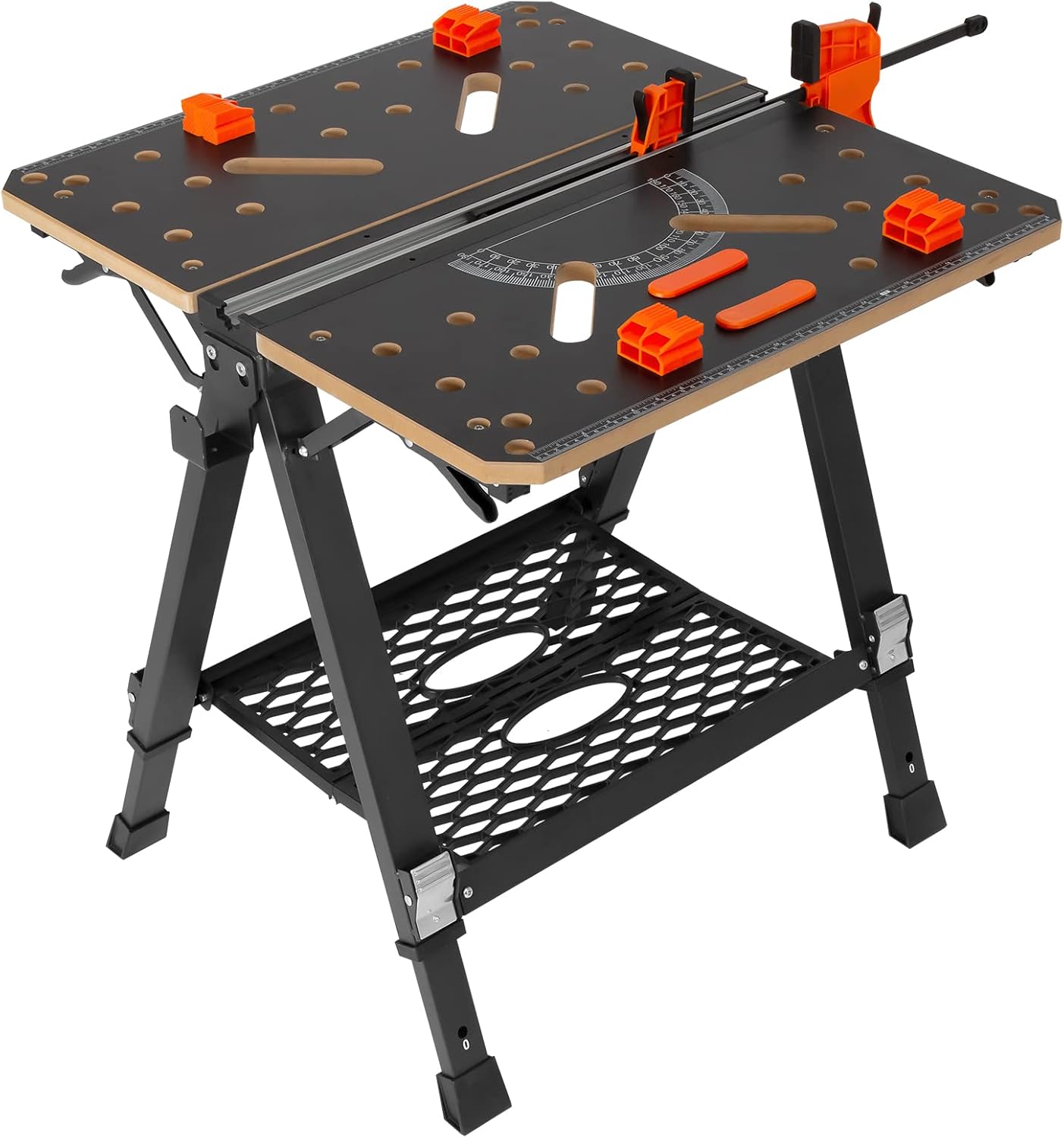 VEVOR Folding Work Table, 2-in-1 as Sawhorse & Workbench, 1000 lbs Capacity, 7 Adjustable Heights, Steel Legs, Portable Foldable Tool Stand with Wood Clamp, 4 Bench Dogs, 2 Hooks, Easy Garage Storage