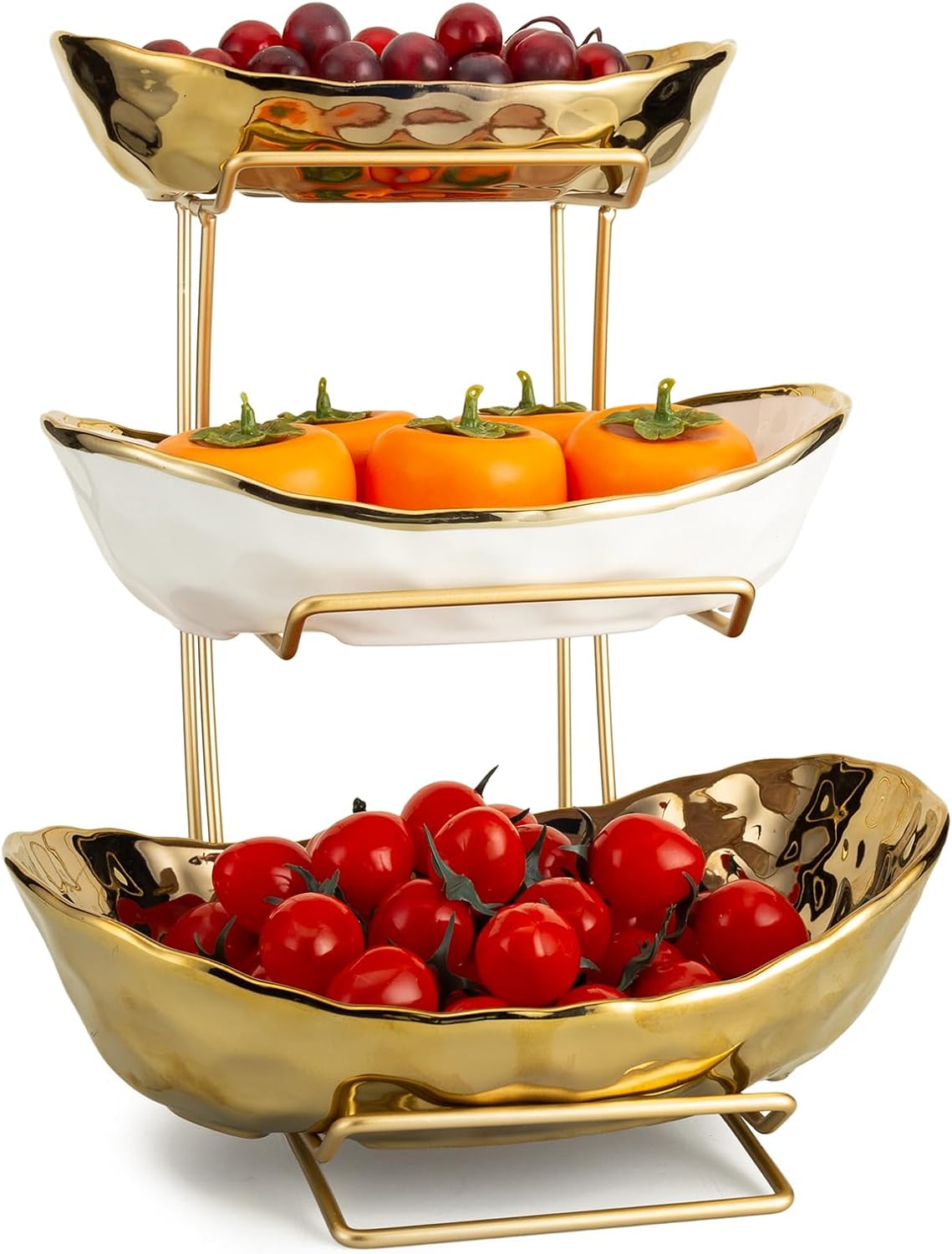 jessie 3 Tier Ceramic Fruit Bowls for Kitchen Counter with Metal Rack, Fruit Basket with Stand, Porcelain Bowls for Vegetable Bread Candy Snack Nuts Dessert Cake Tray (Gold 3 Layer)