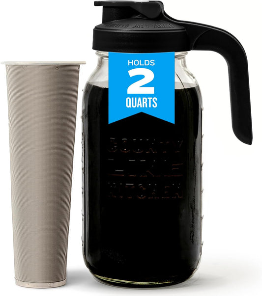 County Line Kitchen Glass Cold Brew Coffee Maker with Lid - Wide Mouth, 2 Quart (64 oz) - Heavy Duty, Leak Proof - Sun & Iced Tea Pitcher, Cold Brew Coffee, Breast Milk Storage, Water - Black