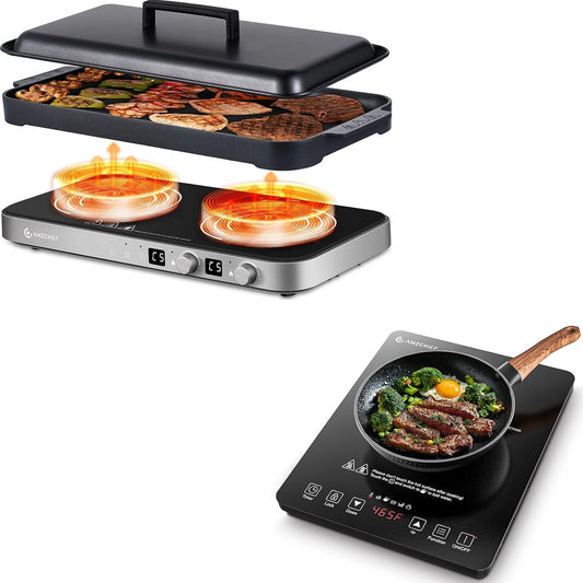 AMZCHEF Double Induction Cooktop with Removable Iron Cast Griddle Pan & AMZCHEF Portable Induction Cooktop