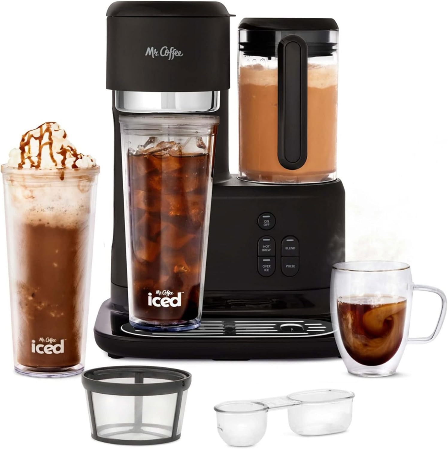 Mr. Coffee 3-in-1 Single-Serve Iced and Hot Coffee/Tea Maker with Blender with Reusable Filter, Scoop, Recipe Book, 2 Tumblers, Lids and Straws, Black