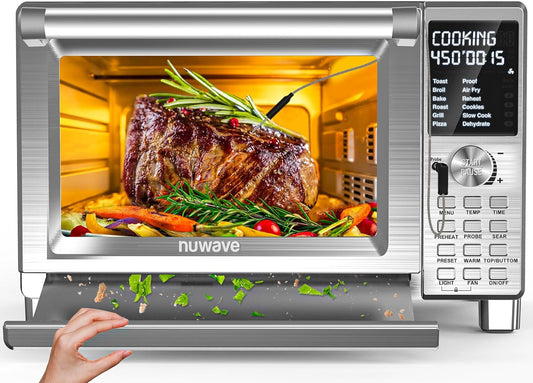 Nuwave Bravo XL Pro Air Fryer Toaster Oven, Improved 100% Super Convection, Quicker & Crispier Results, 100 Presets, Multi-Layer Even Cooking, 50-500F, Smart Probe, PFAS Free, 30QT, Stainless Steel