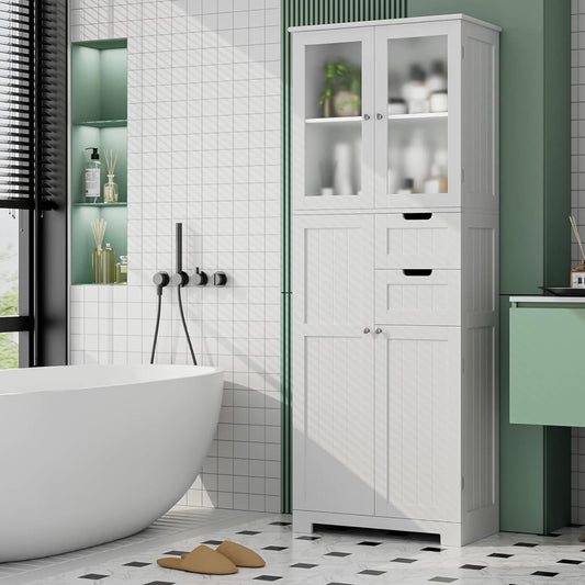 BOTLOG 67'' Tall Bathroom Storage Cabinet, Linen Cabinet with Glass Doors and Adjustable Shelves, Kitchen Pantry with 2 Drawers for Bathroom, Living Room, Dining Room, White