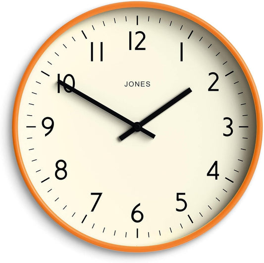 JONES CLOCKS® Studio Wall Clock | Modern Round Clock | 12 inch | Orange | Easy to Read Numbers | Versatile Design for Kitchen, Living Room or Office