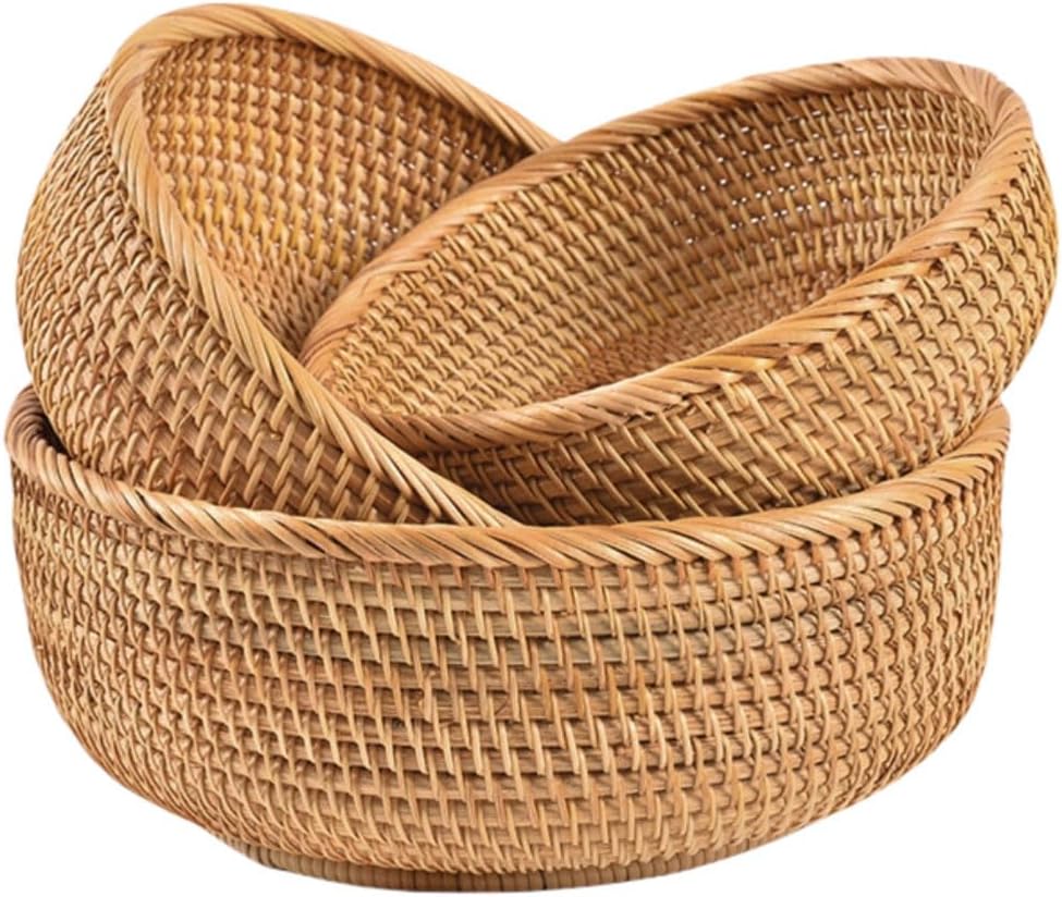 Rattan Bread Basket, Hand Woven Fruit Basket, Wicker Serving Basket Bowl, Decorative Baskets for Kitchen Counter Organizing, Set of 3 (Round)