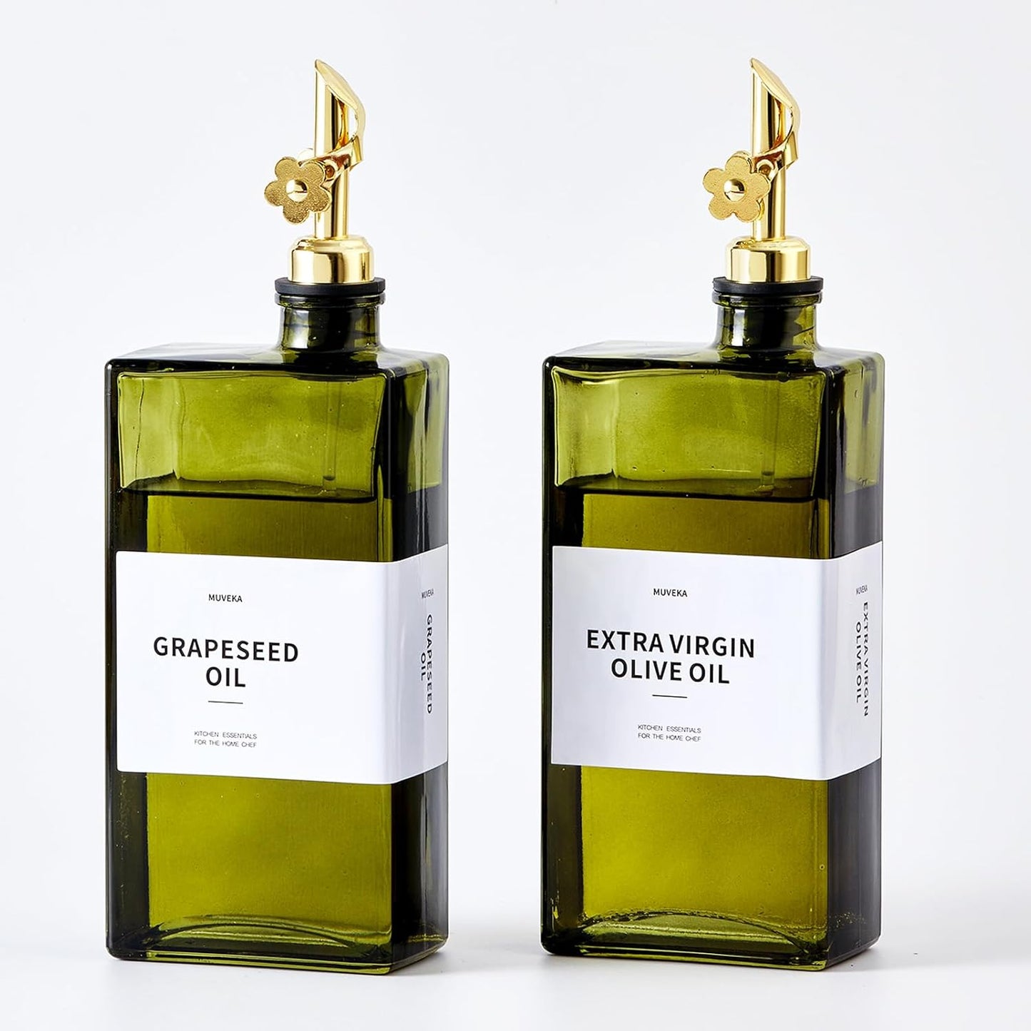 MUVEKA Olive Oil Dispenser Bottle for Kitchen, 16.9oz \/500ml Cooking Vinegar Dispenser Bottle Set, Glass Sauce Container, Labels, Brush, Funnel, Stoppers, Green for Oil, Wine