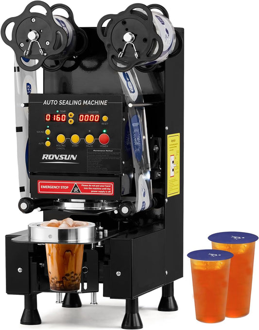 ROVSUN Cup Sealing Machine, Full Automatic Cup Sealer Machine 88\/89\/90\/95mm, Electric Boba Cup Sealing Machine 500-600 Cups\/H with LCD Control Panel for Bubble Milk Tea