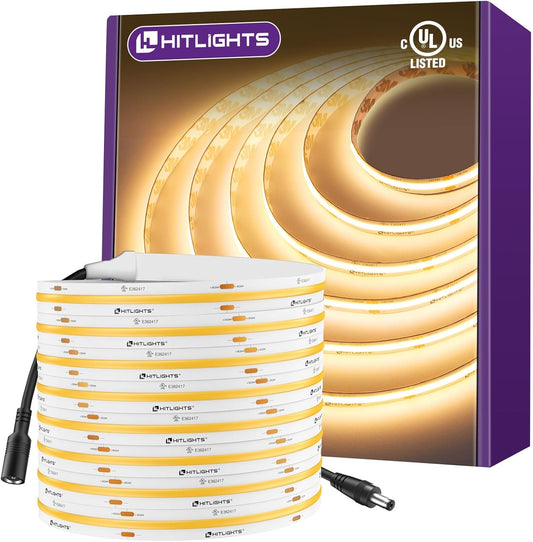 HitLights COB LED Strip Lights Warm White 3000K, 16.4ft Premium High Density 24V Tape Light, 2560 LEDs, 350+ LM\/FT, CRI 90+, IP30, Lighting for Kitchen, Cabinets, UL Listed (Power Source Not Included)
