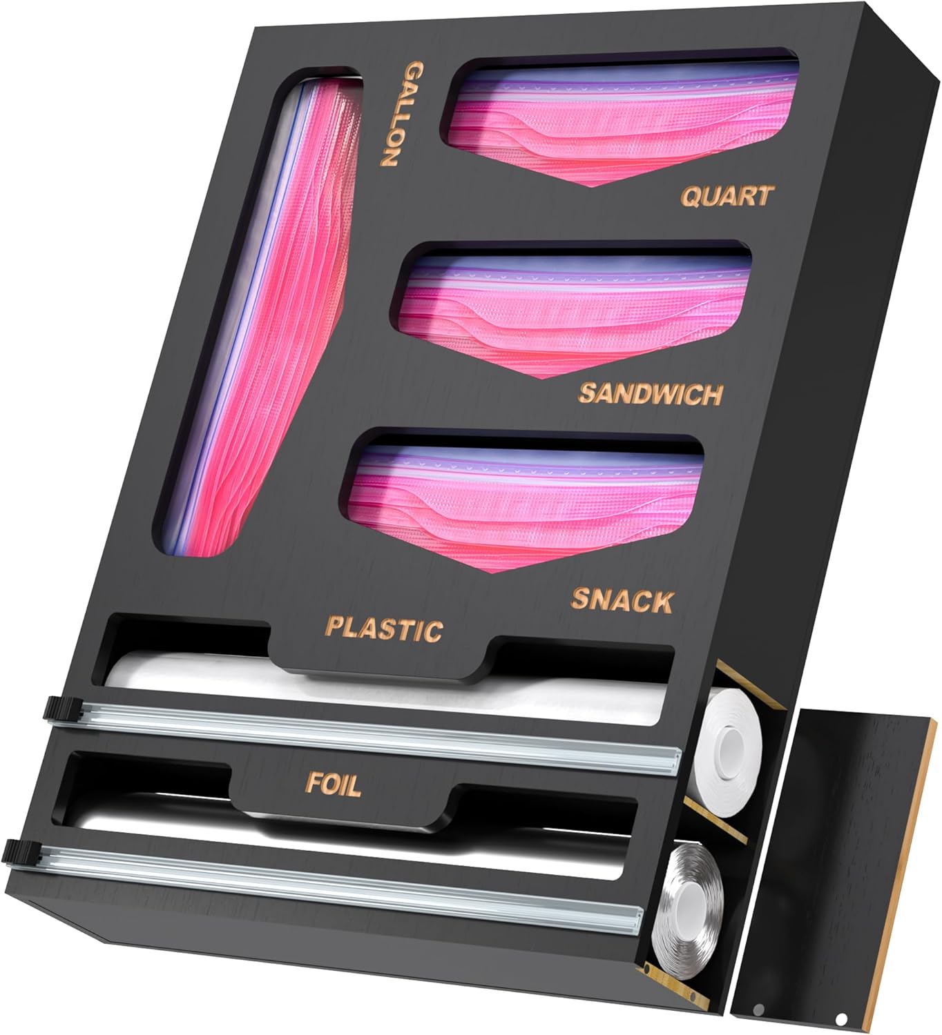 LUYABA 6 in 1 Bag Organizer and Wrap Dispenser with Magnetic Lid - Plastic Wrap Dispenser with Cutter for Kitchen Drawer, Storage for Gallon, Quart, Sandwich, Snack Bags, and Foil Black