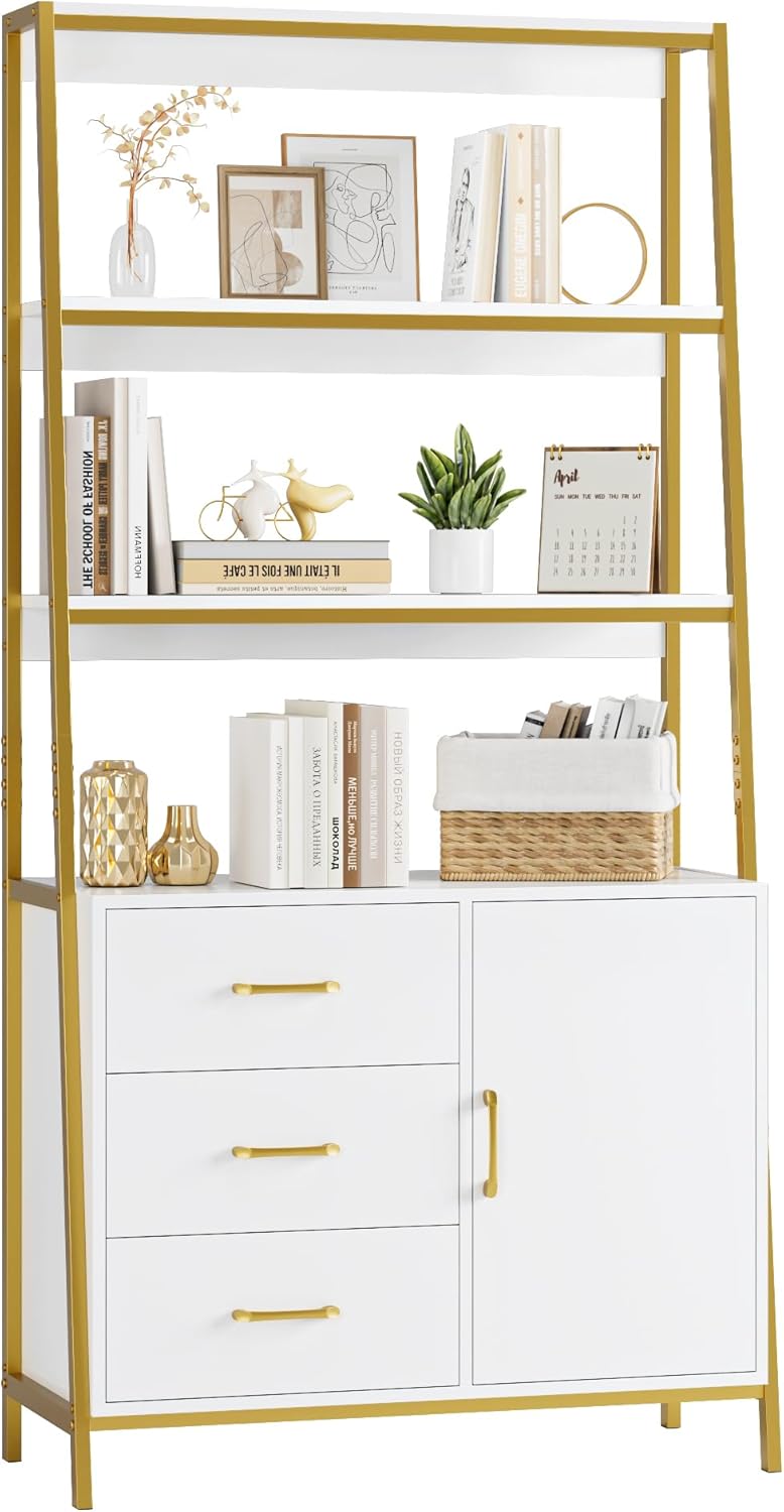 HITHOS 69" Tall Bookshelf, White Gold 4-Tier Bookcase with Wooden Drawers and Ladder Shelves, Free Standing Storage Cabinet Kitchen Bakers Rack with Microwave Oven Stand for Home Office