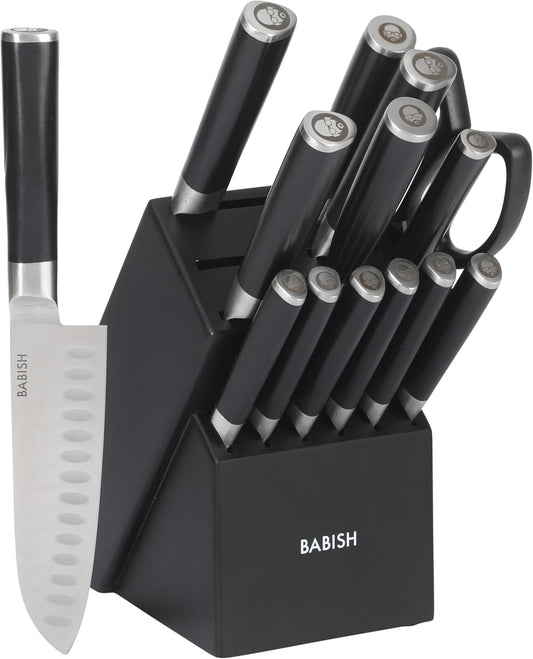 Babish High-Carbon 1.4116 German Steel 15 Piece Full Tang Forged Cutlery Kitchen Knife Block Set - Black