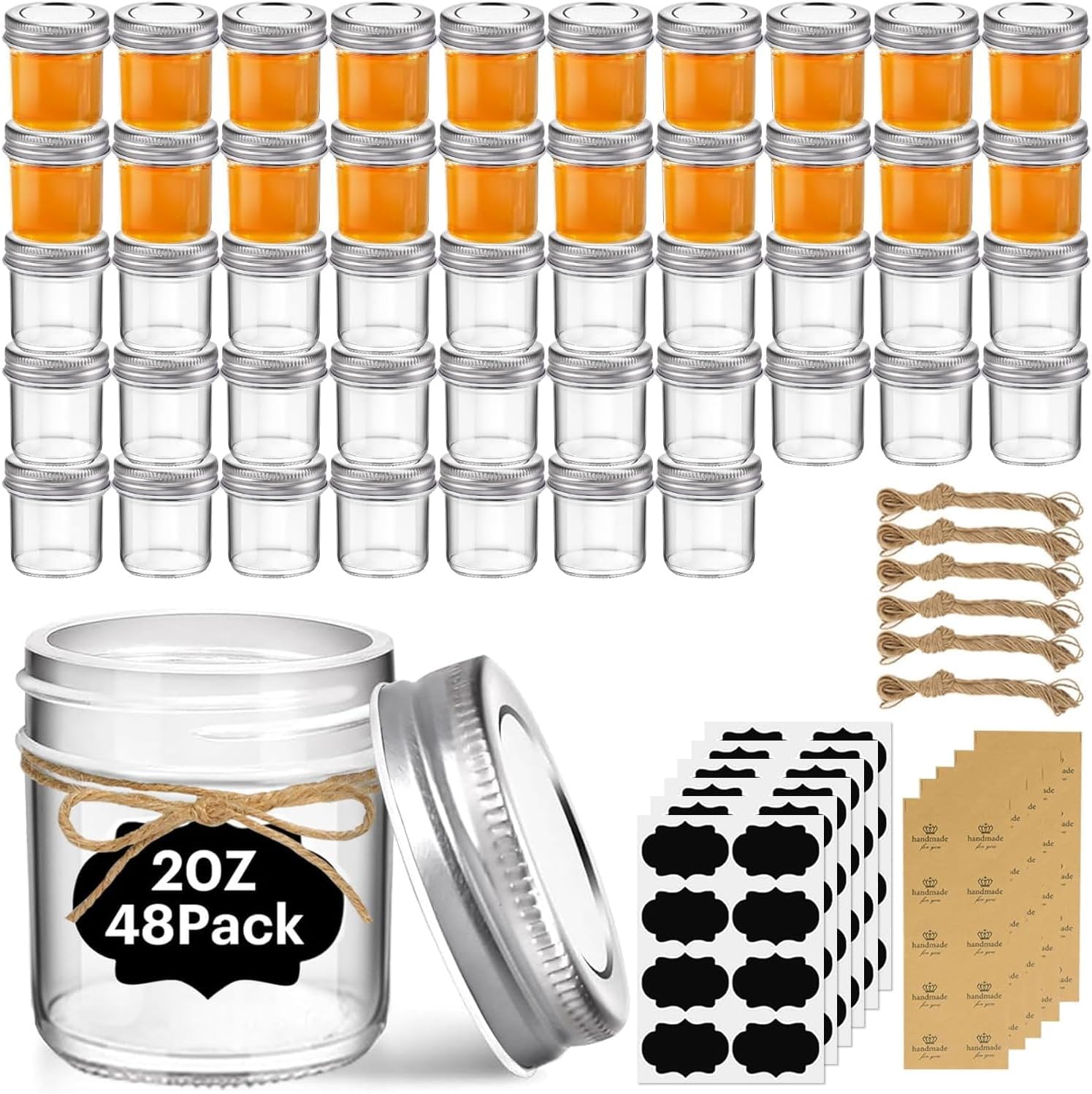 ComSaf Small Mason Jars 2 oz, 48 Pcs Mini Mason Containers, Small Canning Jars, Mini Glass Jar with Lids for Ginger Shots, Honey, Jams, Sauces, Spices, DIY Candle Decor, Wedding & Baby Shower Favors