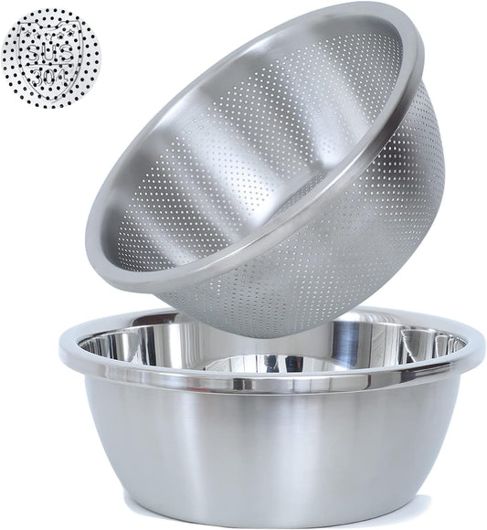 304 Stainless Steel Microporous Colander, 5QT Large Capacity with Mixing Bowl For washing vegetables, fruit and rice and for draining cooked pasta(2PC)